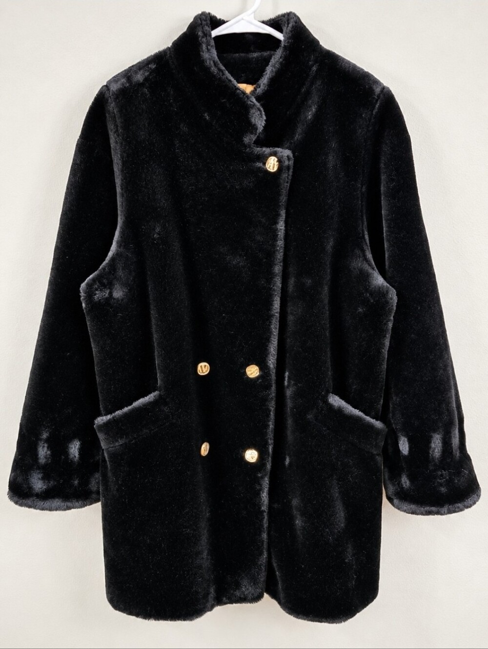 Vintage Hillmoor New York Faux Fur Coat Womens XL Black Gold Buttons Retro